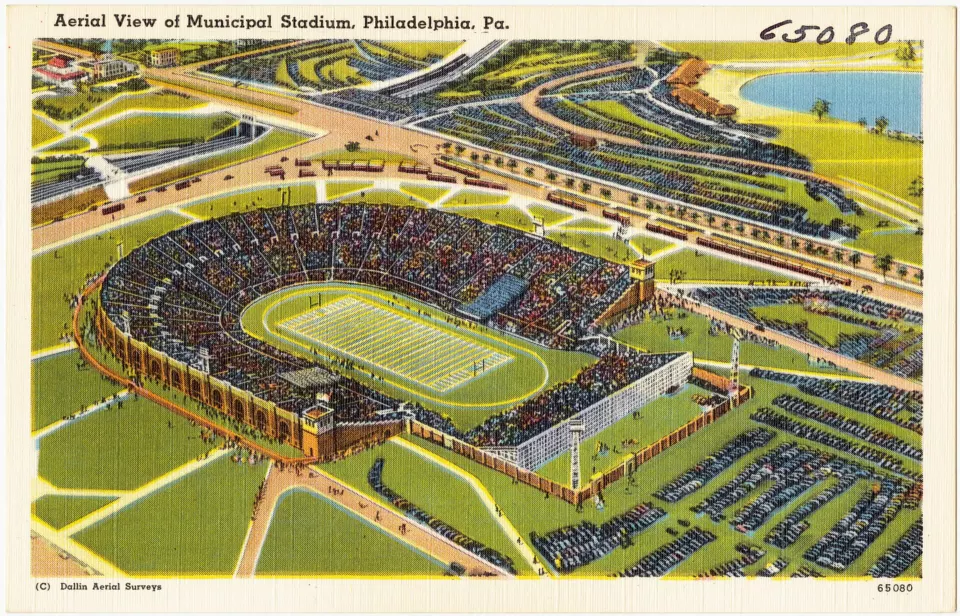 Aerial postcard view of Municipal Stadium in Philadelphia