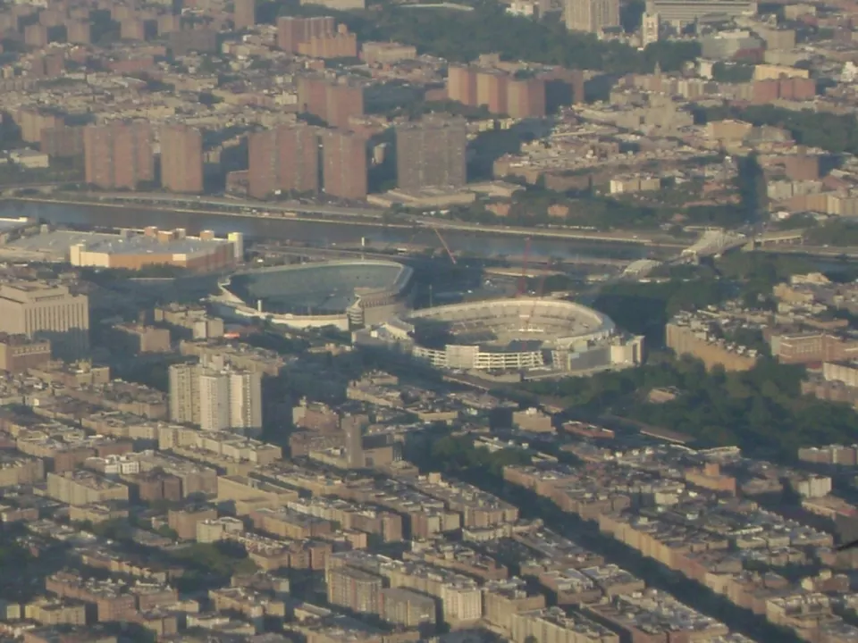 Aerial view of the old and new Yankee Stadiums in the Bronx in 2008