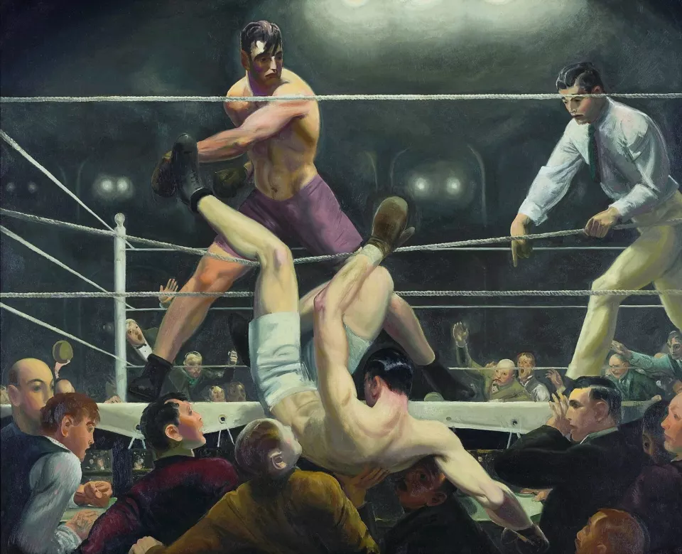 Painting of Jack Dempsey falling through the ropes as Luis Firpo stands in the ring