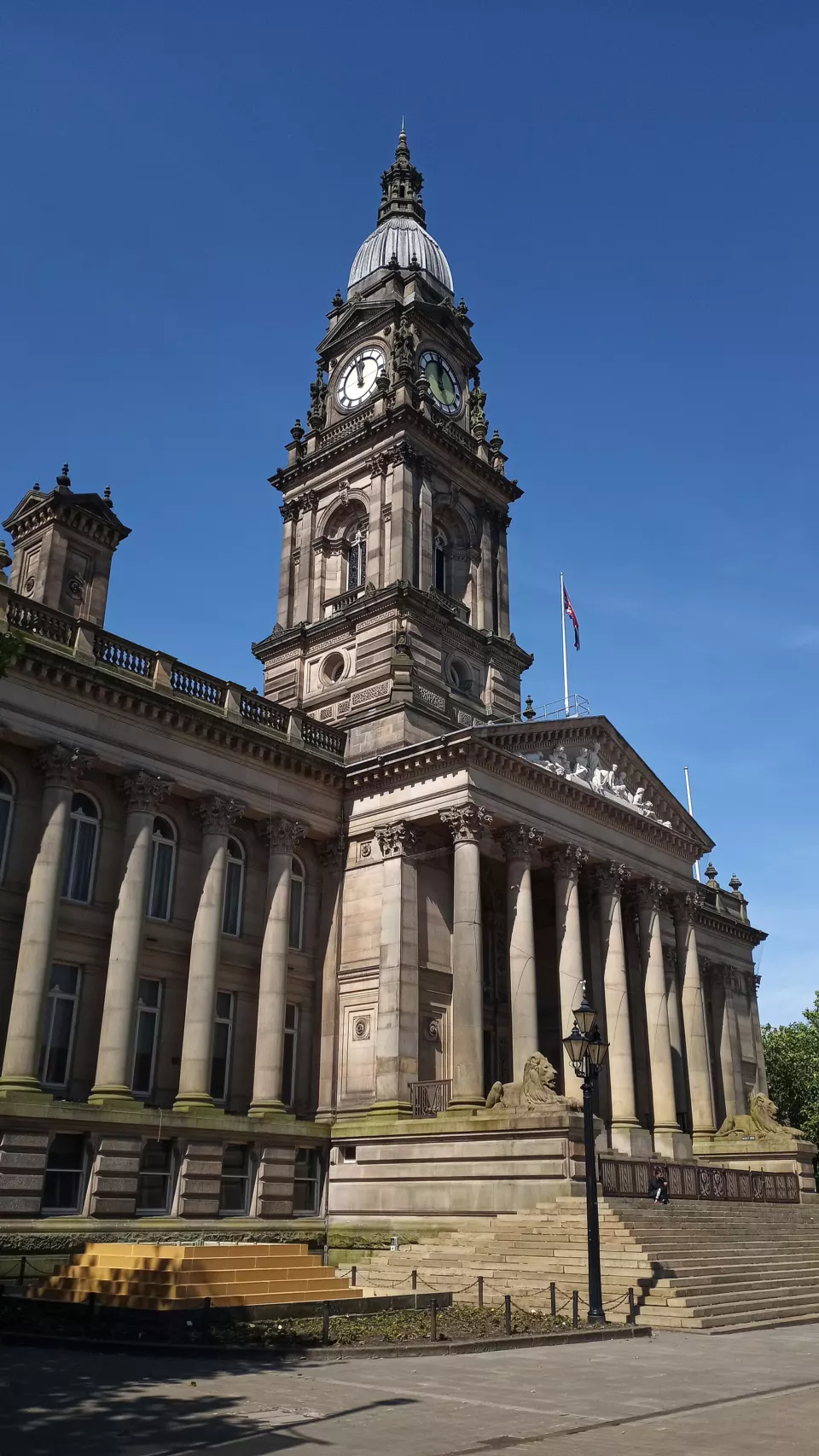 Bolton Town Hall with its columned portico and clock tower