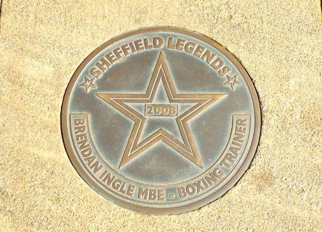 Pavement plaque honouring boxing trainer Brendan Ingle in Sheffield