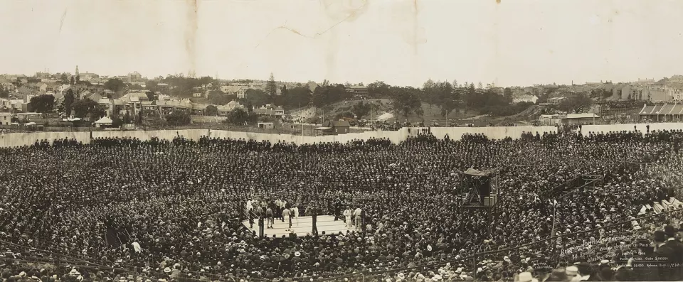 Crowd surrounding the ring at Sydney Stadium during the 1908 Burns-Johnson fight