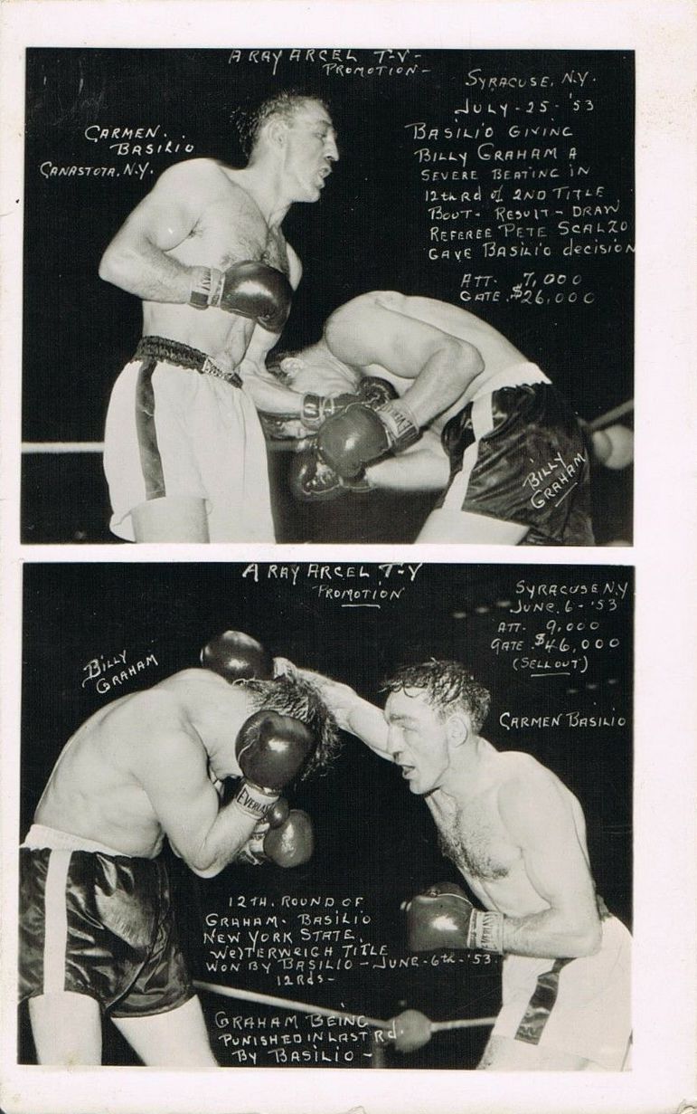 Black-and-white postcard of Carmen Basilio and Billy Graham boxing