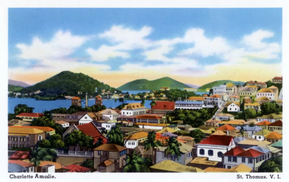 Postcard view over the harbor town of Charlotte Amalie, Saint Thomas
