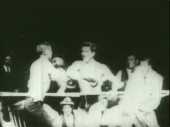 Film still of Corbett boxing Peter Courtney in Edison's studio, 1894
