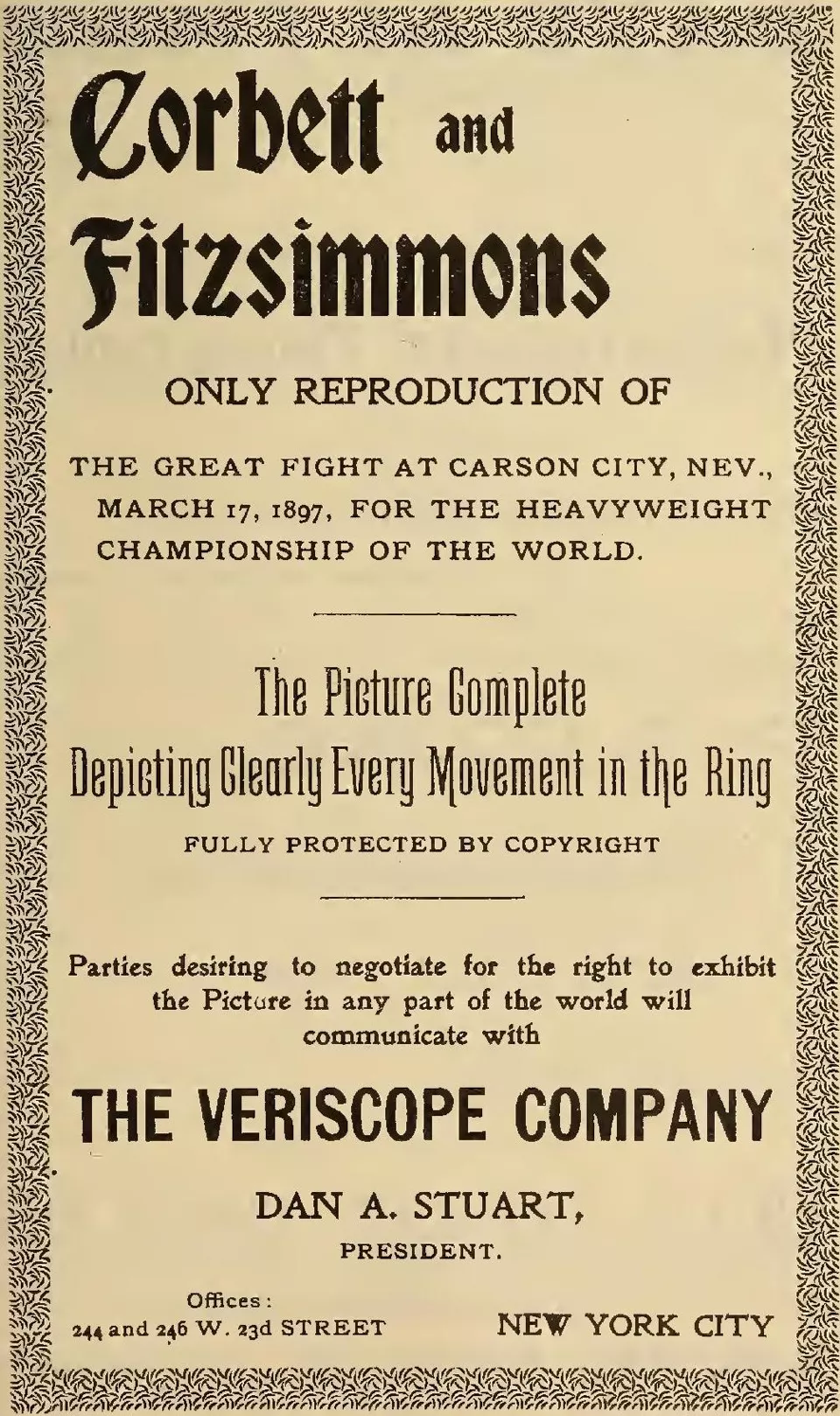 Old printed advertisement for a reproduction of the Corbett-Fitzsimmons fight at Carson City
