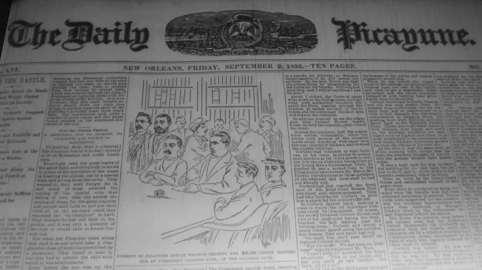 1892 New Orleans newspaper front page about the Corbett-Sullivan fight