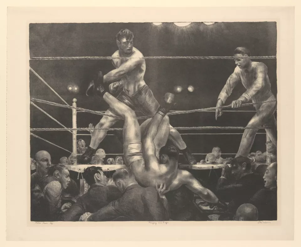 Bellows lithograph of Jack Dempsey falling through the ropes onto ringside reporters as Luis Firpo stands over him
