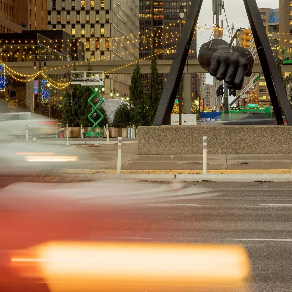 Large bronze fist sculpture honoring Joe Louis in downtown Detroit