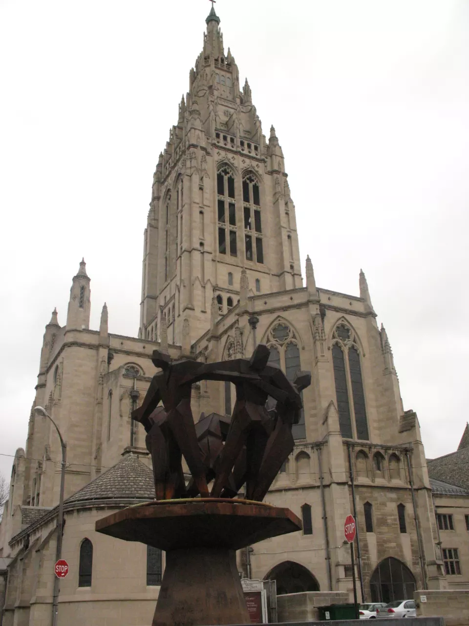Gothic stone tower of East Liberty Presbyterian Church in Pittsburgh