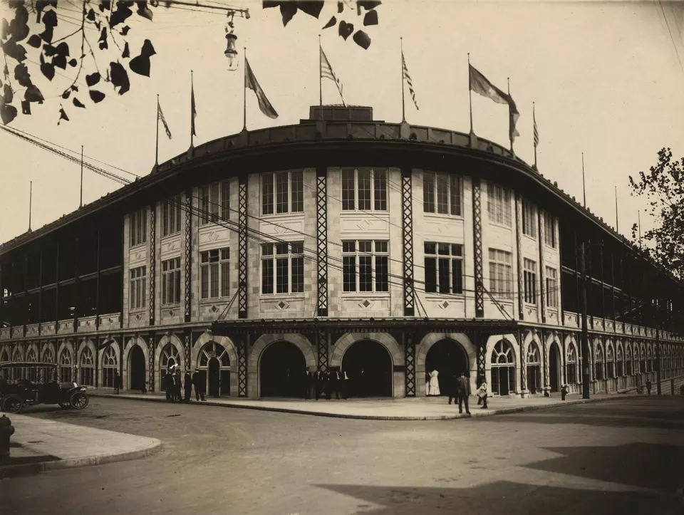 Exterior of Forbes Field ballpark in Pittsburgh