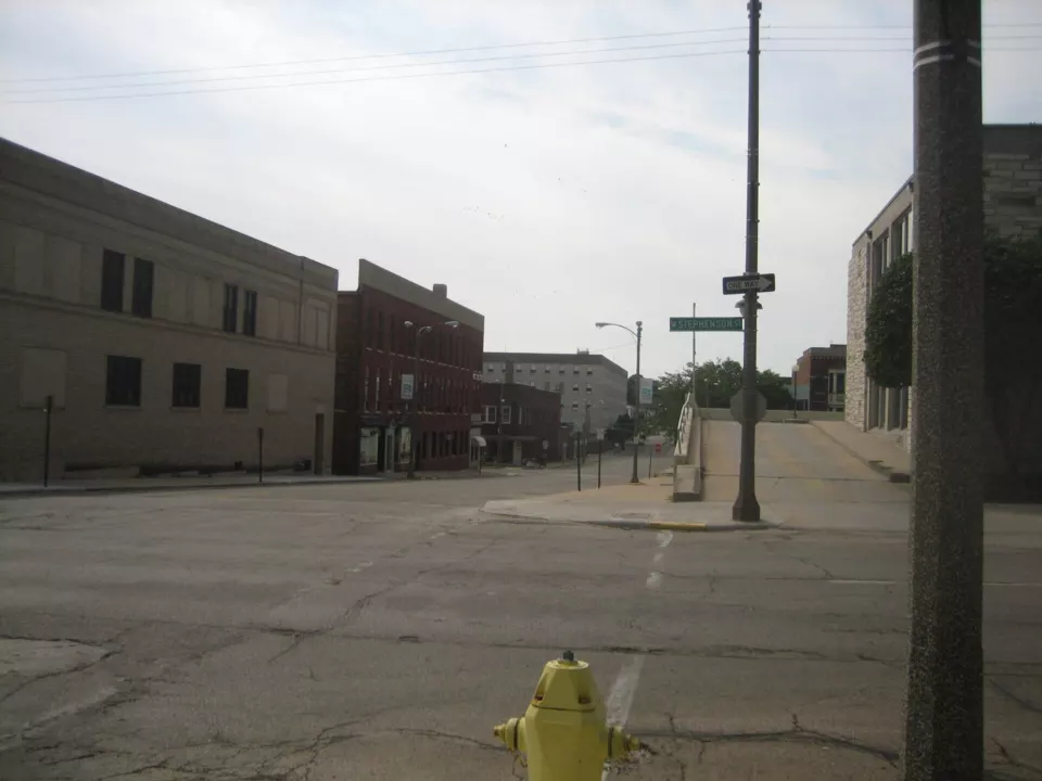 Street of brick commercial buildings in downtown Freeport, Illinois