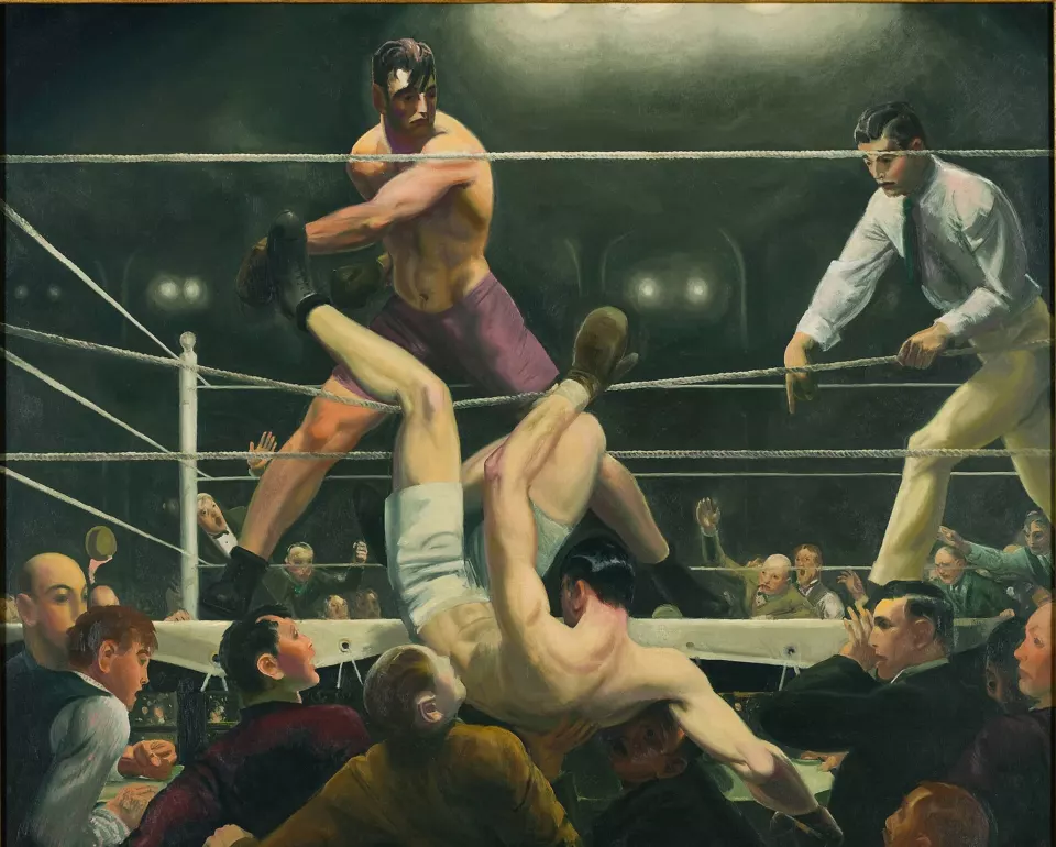 Painting of Jack Dempsey being knocked through the ropes by Luis Firpo