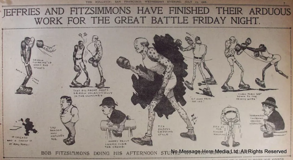 Newspaper cartoon of James J. Jeffries and Bob Fitzsimmons in training