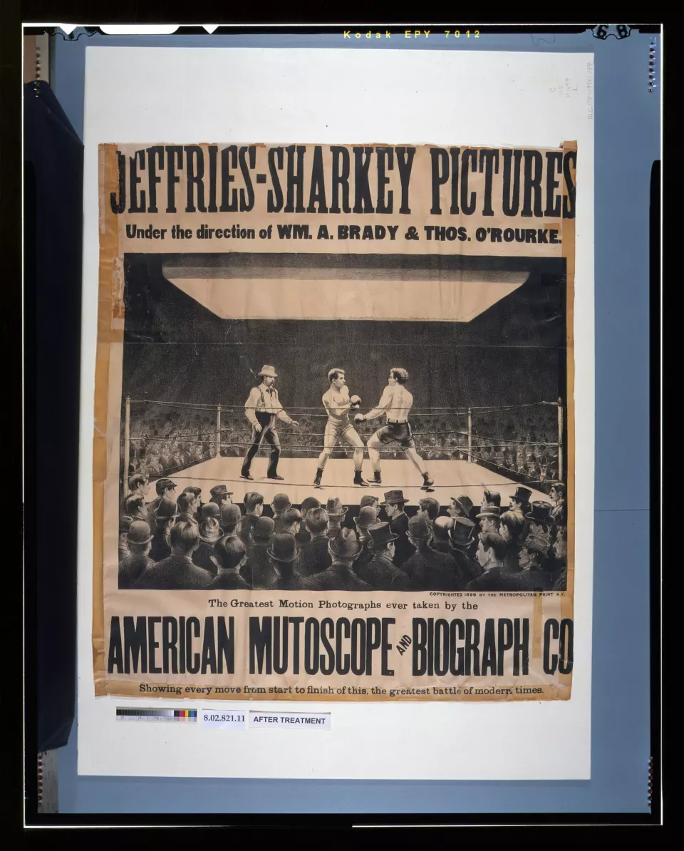 Vintage poster advertising the 1899 Jeffries-Sharkey fight pictures
