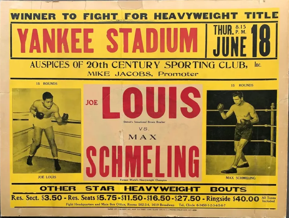 Vintage poster advertising the 1936 Joe Louis vs. Max Schmeling fight