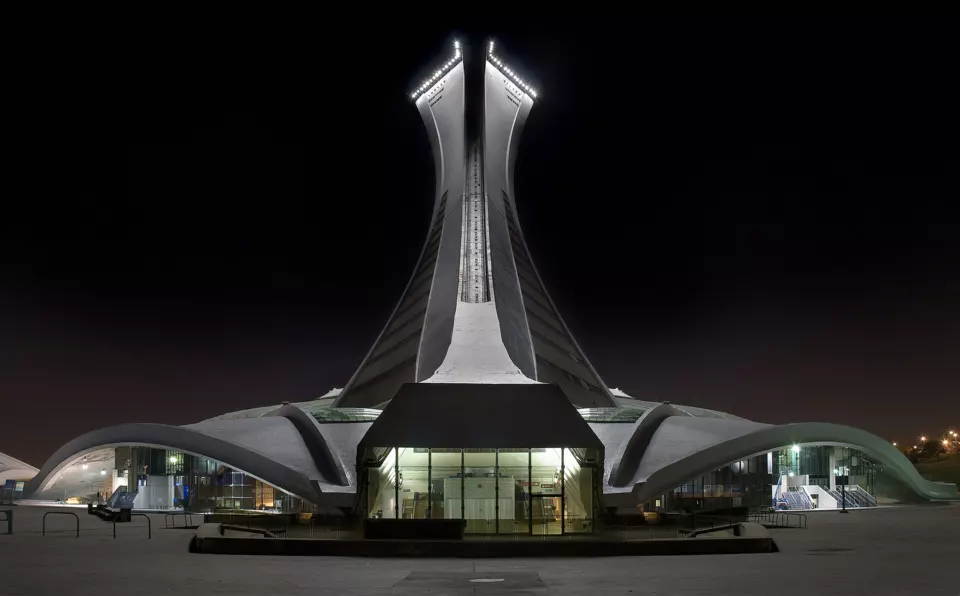 Montreal Olympic Stadium with its inclined tower at night