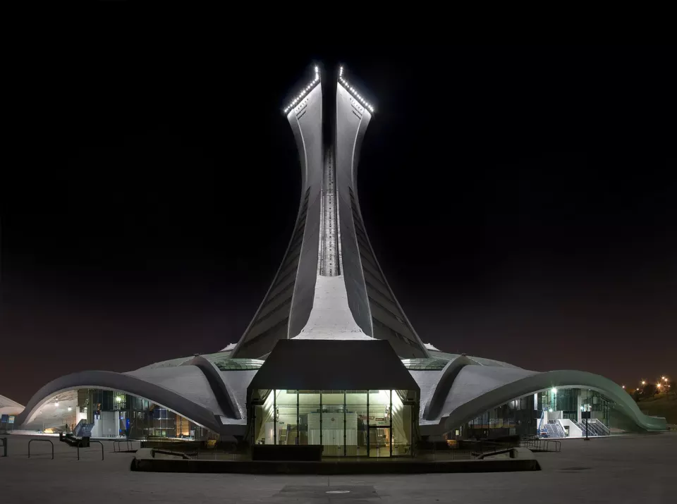 Olympic Stadium in Montreal lit up at night