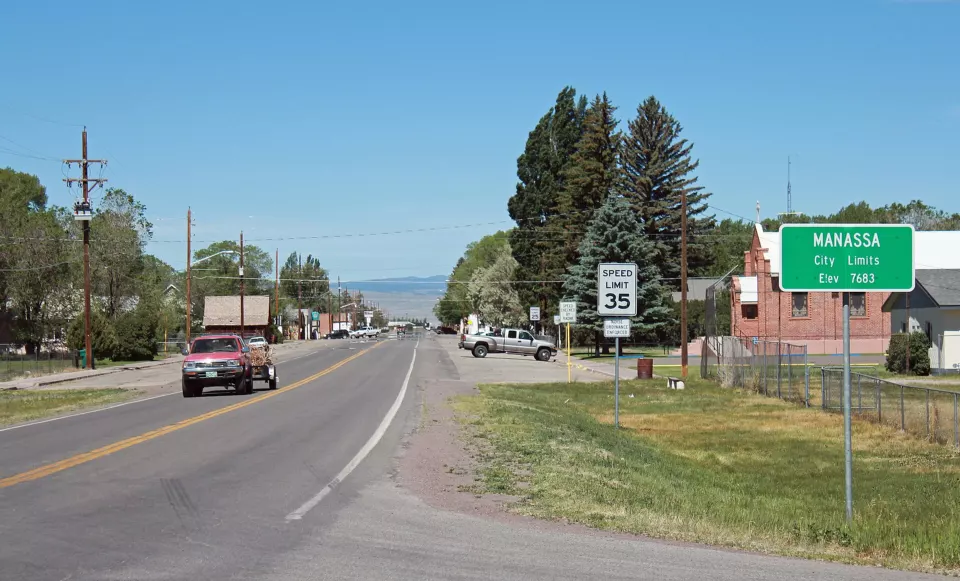Street view of the small town of Manassa in southern Colorado