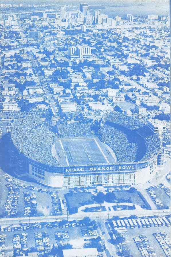 Aerial view of the Miami Orange Bowl stadium and the Miami skyline