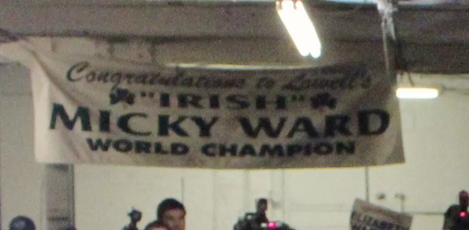 Banner of Micky Ward on the wall of a boxing gym in Lowell, Massachusetts