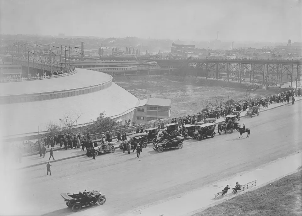 Historic exterior view of the Polo Grounds stadium in New York