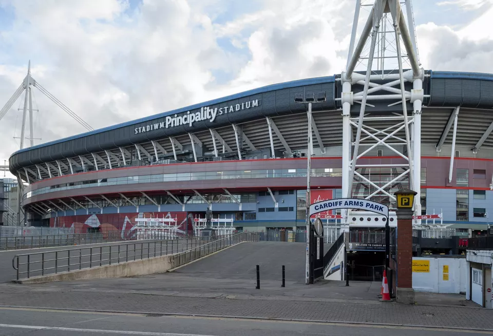 Exterior of the Principality Stadium in Cardiff viewed from Westgate Street