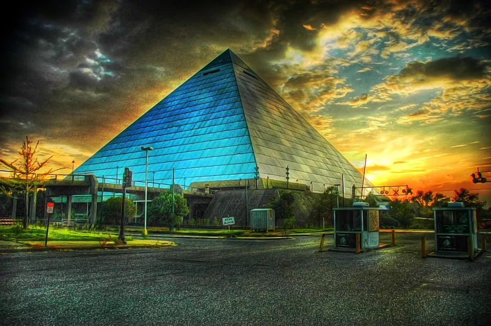 The glass pyramid-shaped arena in Memphis, Tennessee
