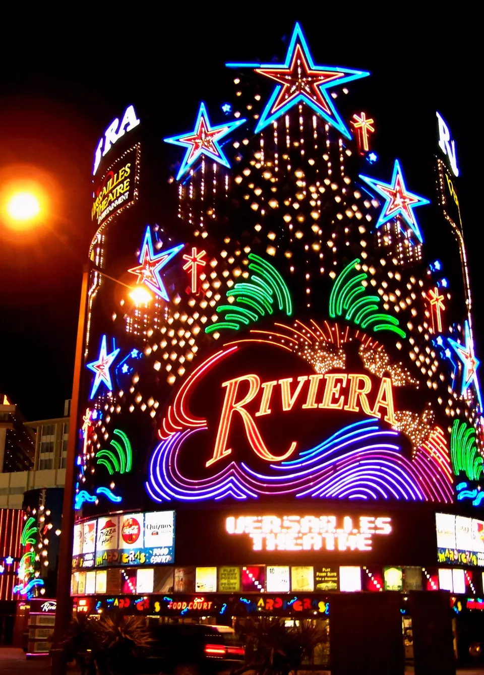 Illuminated facade of the Riviera Hotel and Casino in Las Vegas at night