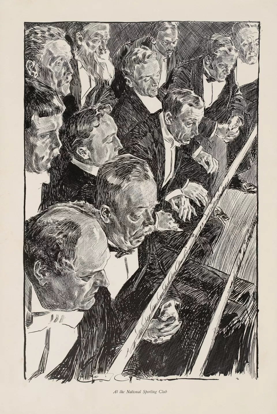 1897 pen sketch of a crowd of men in evening dress watching a bout at the National Sporting Club in London