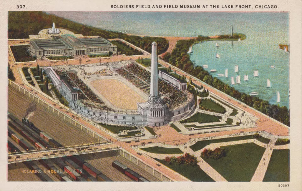 Postcard view of Soldier Field stadium beside the Field Museum in Chicago