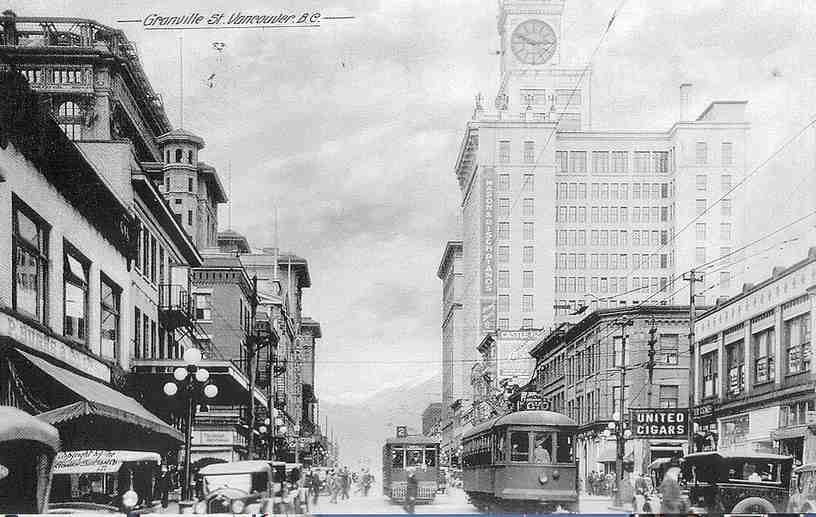 Streetcars on a Vancouver street corner in 1928