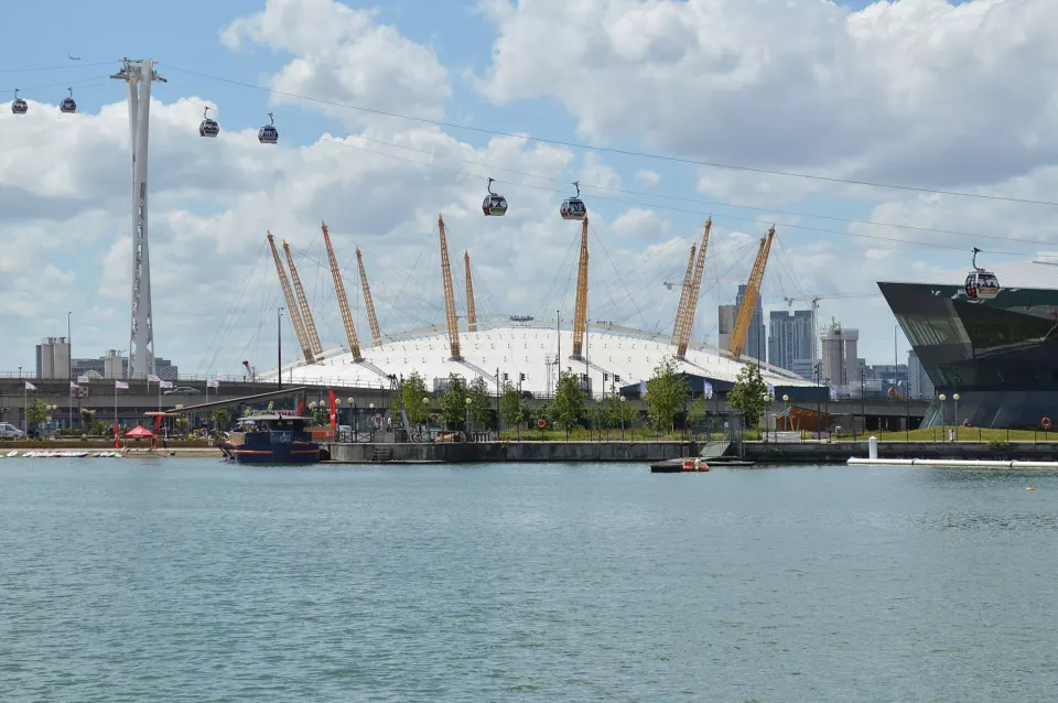 The O2 arena dome with yellow support masts on the Greenwich peninsula in London