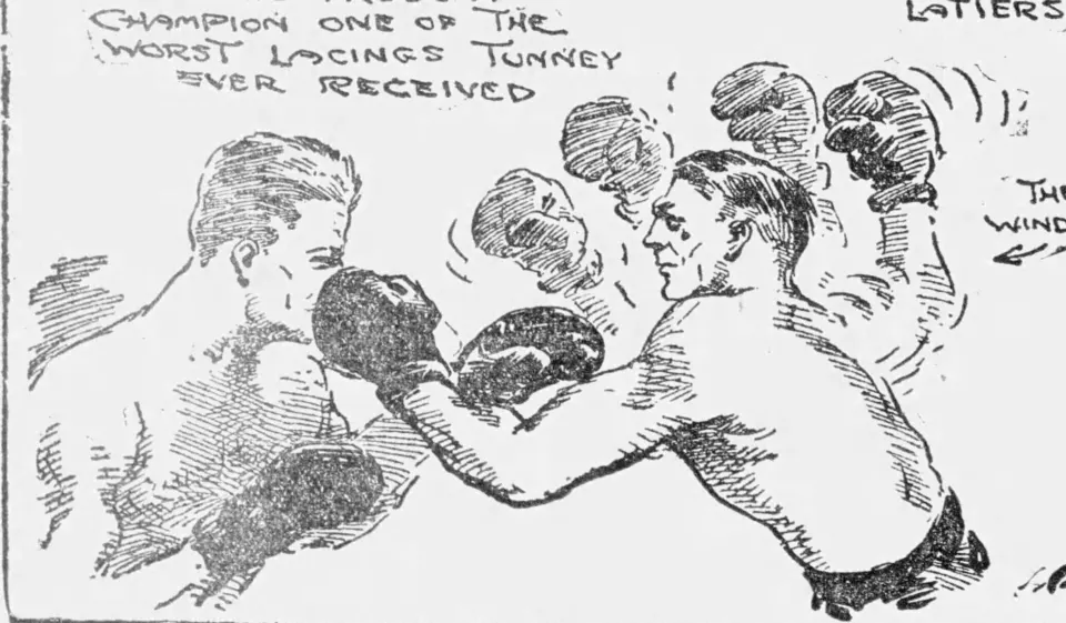 Newspaper cartoon drawing of Harry Greb throwing a punch at Gene Tunney