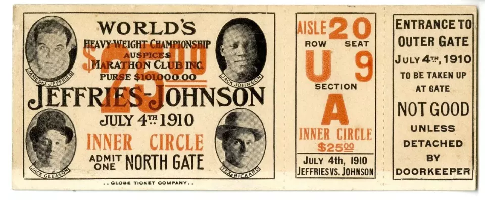 Printed ticket for the 1910 Jeffries-Johnson fight