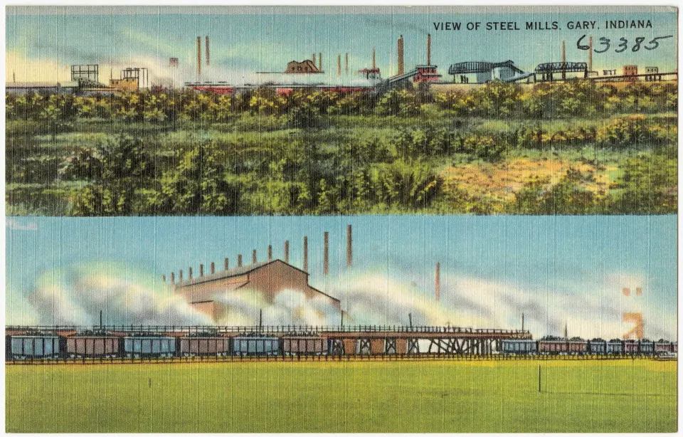 Postcard view of smokestacks and steel mill buildings in Gary, Indiana