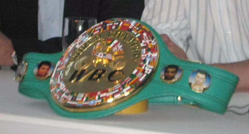 Vitali Klitschko and his manager Bernd Bönte with the WBC heavyweight title belt