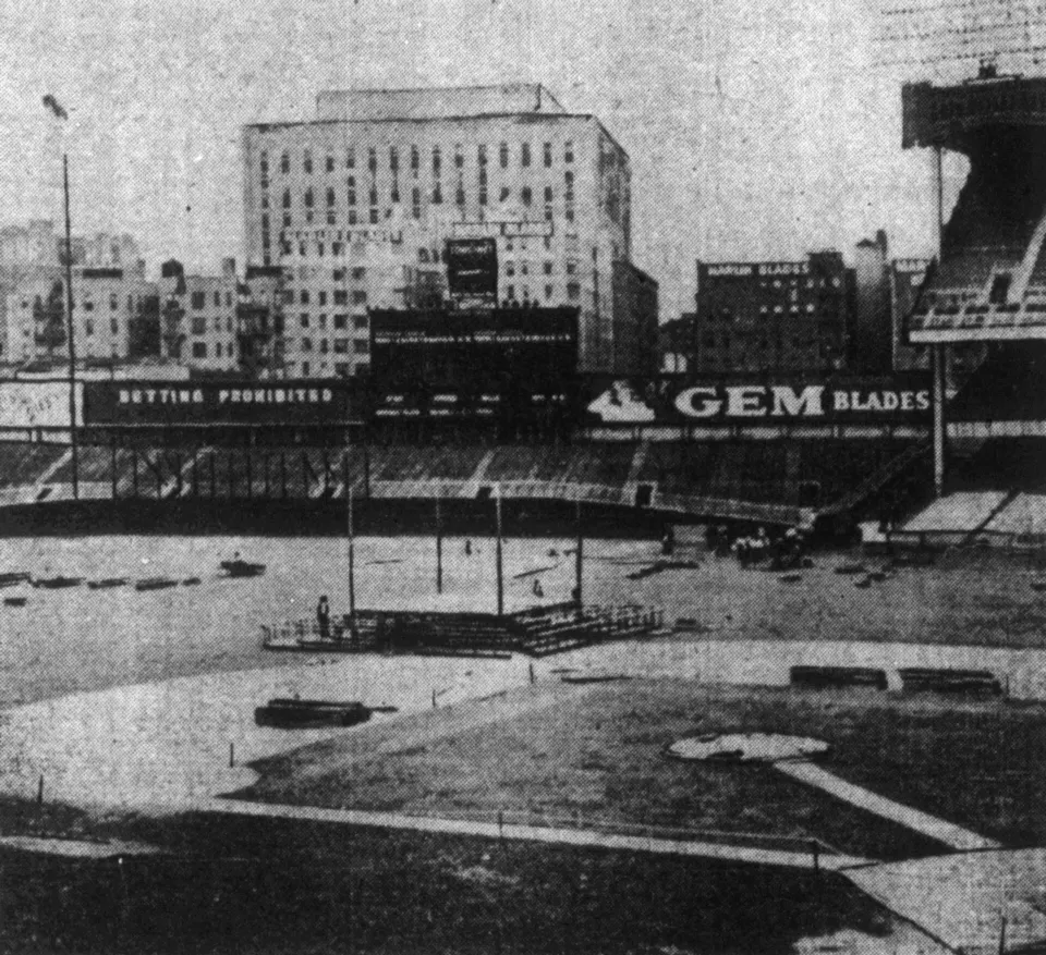 Ring and seating being set up on the field at Yankee Stadium in 1946