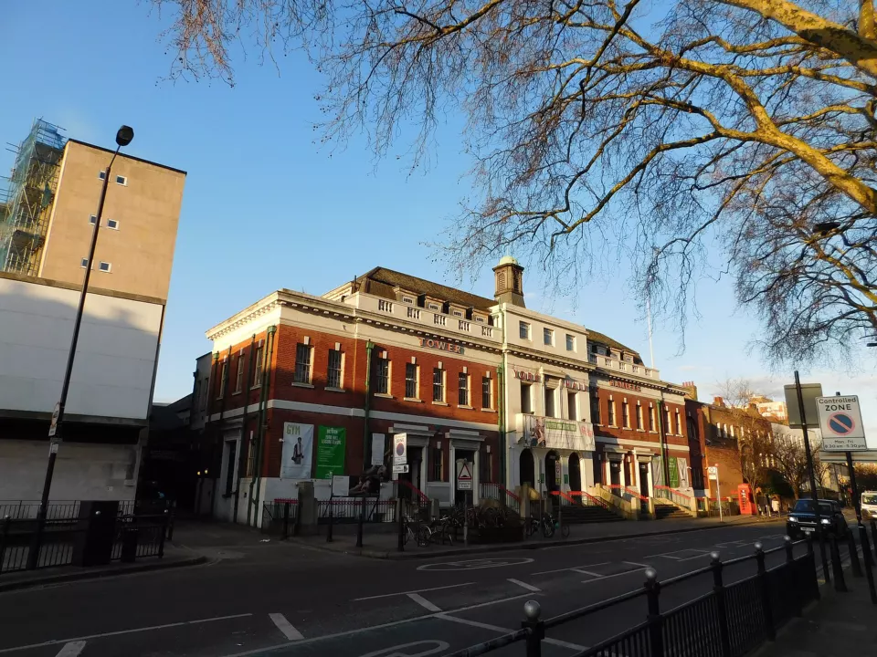 Exterior of York Hall, a brick leisure centre and boxing venue in Bethnal Green, London
